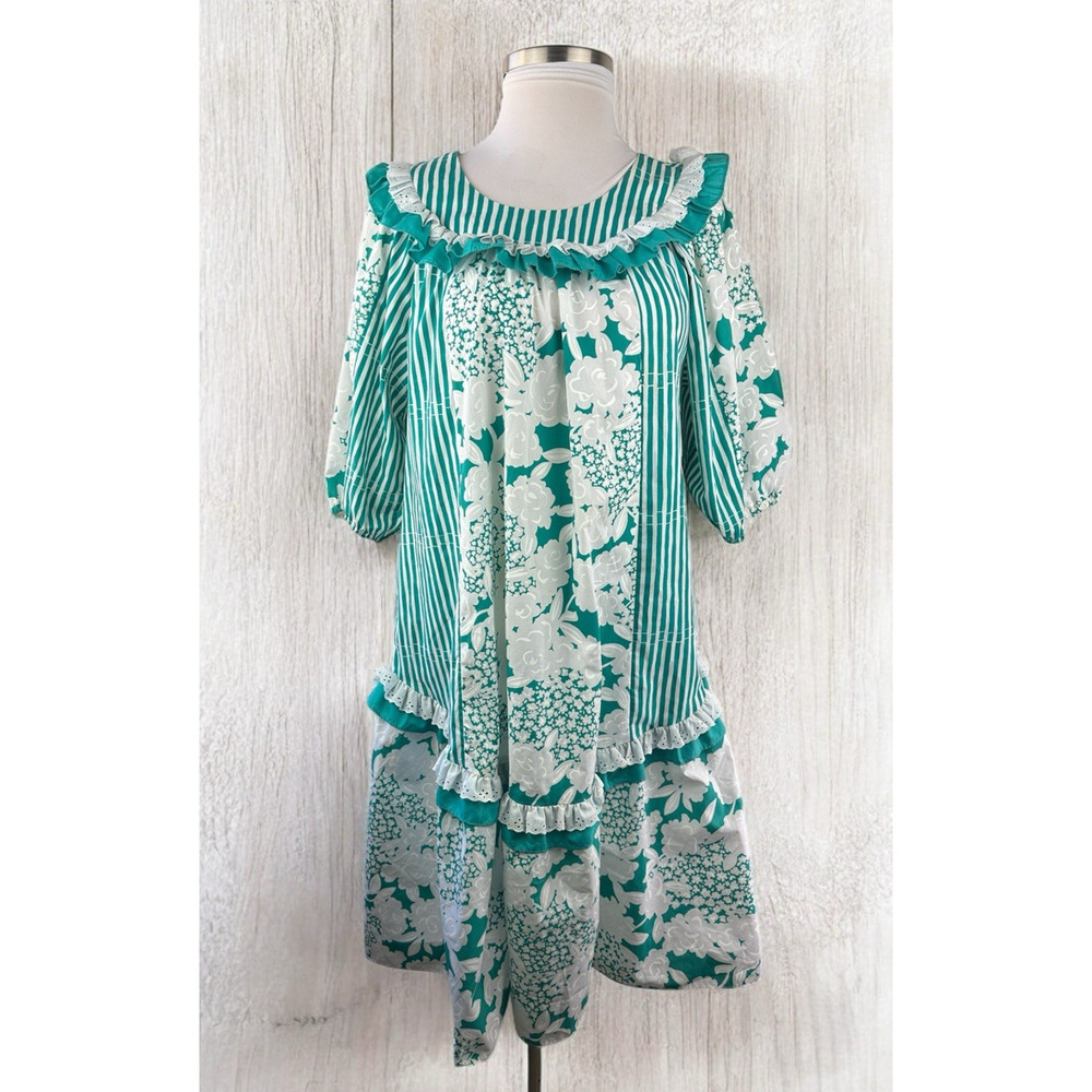 Vintage Tori Richard Floral Striped Muu Muu Ruffled Dress Green White Medium - Picture 1 of 16